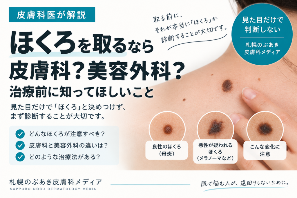 ほくろ除去で皮膚科と美容外科を選ぶ前に、良性か悪性かを診断する重要性を解説する記事のアイキャッチ画像