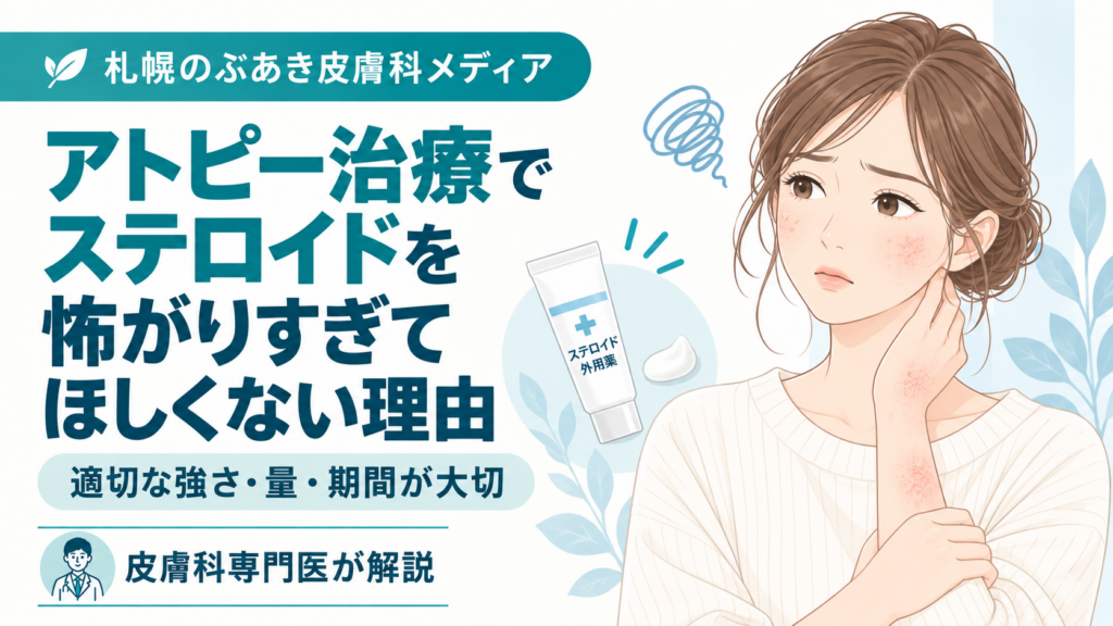 アトピー治療でステロイドを怖がりすぎてほしくない理由と、適切な強さ・量・期間で外用する重要性を解説する記事のアイキャッチ画像