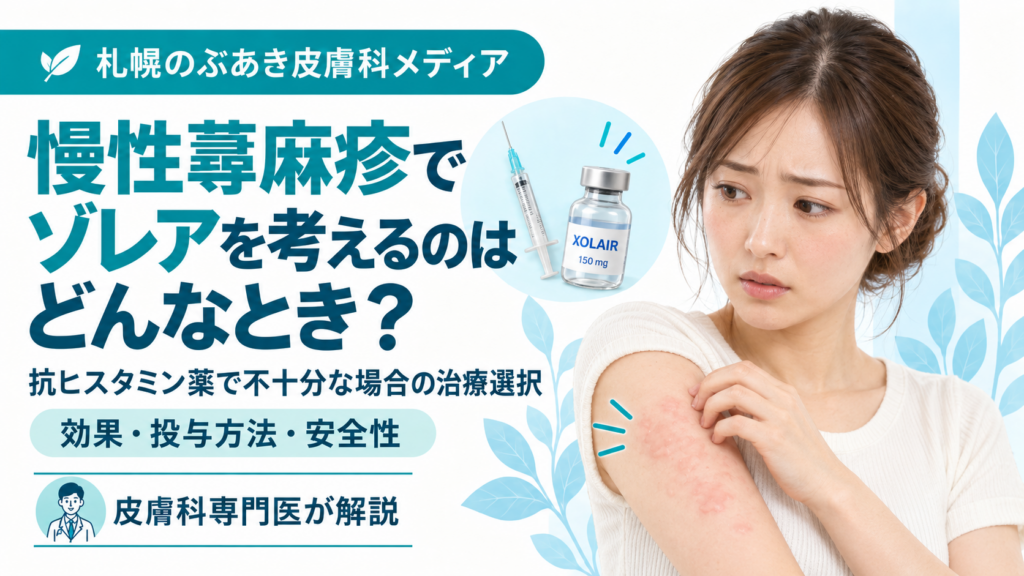 慢性蕁麻疹で抗ヒスタミン薬だけでは不十分な場合にゾレアを考えるタイミングを解説する記事のアイキャッチ画像