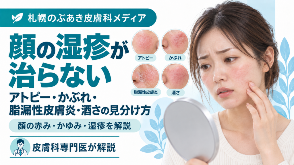 顔の湿疹が治らないときに、アトピー・かぶれ・脂漏性皮膚炎・酒さの見分け方を解説する記事のアイキャッチ画像