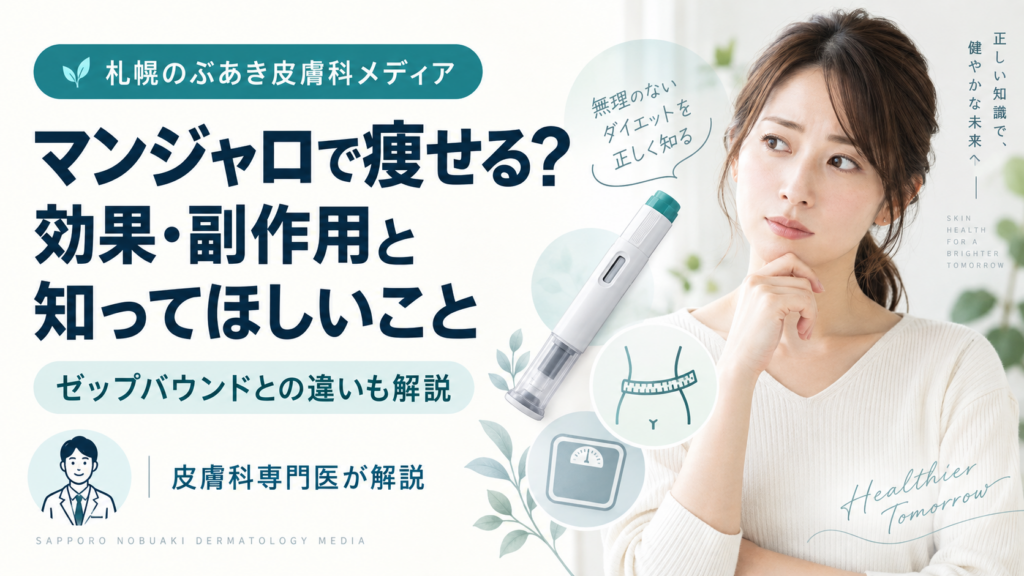 マンジャロの体重減少効果、副作用、ゼップバウンドとの違いと医療ダイエットの考え方を解説する記事のアイキャッチ画像