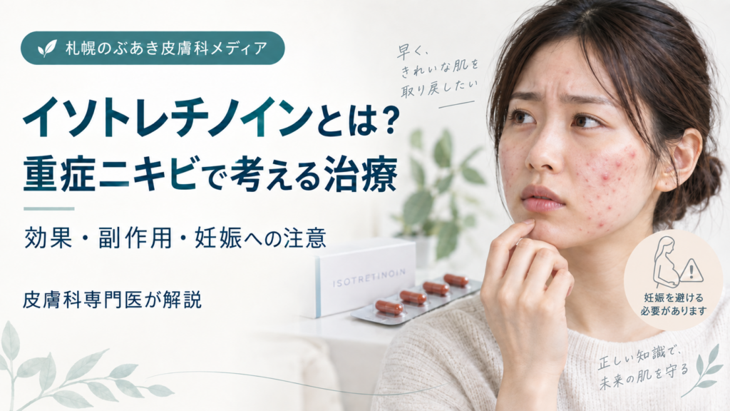 イソトレチノインの重症ニキビへの効果、副作用、妊娠への注意を解説する記事のアイキャッチ画像