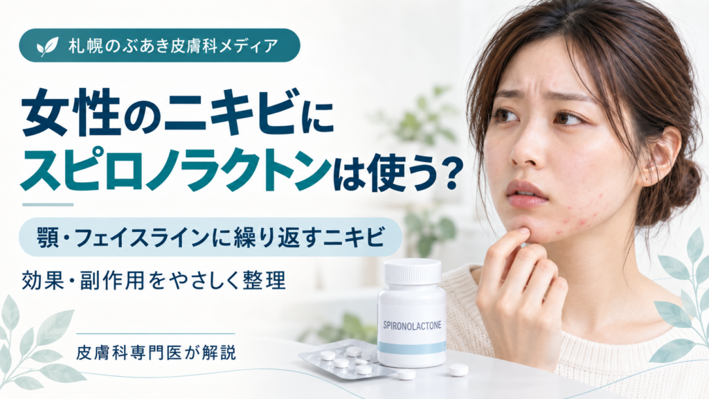 女性の顎・フェイスラインに繰り返すニキビに対するスピロノラクトンの効果と副作用を解説する記事のアイキャッチ画像