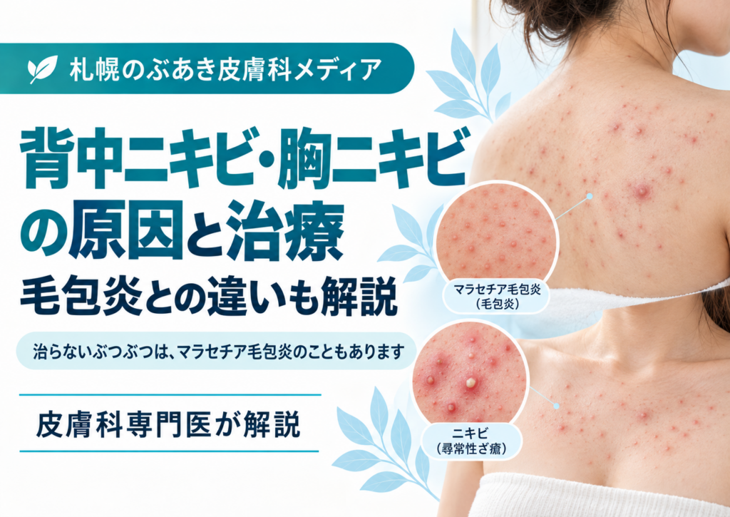 背中ニキビ・胸ニキビとマラセチア毛包炎の違い、原因と治療を解説する記事のアイキャッチ画像