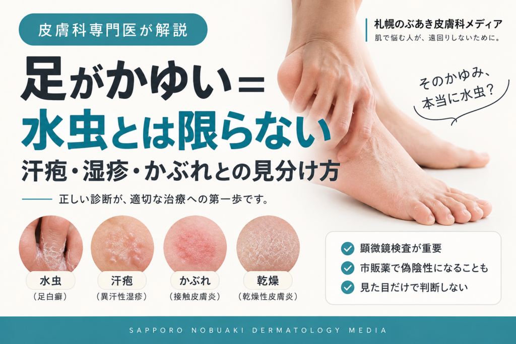 足がかゆい＝水虫とは限らない。汗疱・湿疹・かぶれとの見分け方を解説する記事のアイキャッチ画像