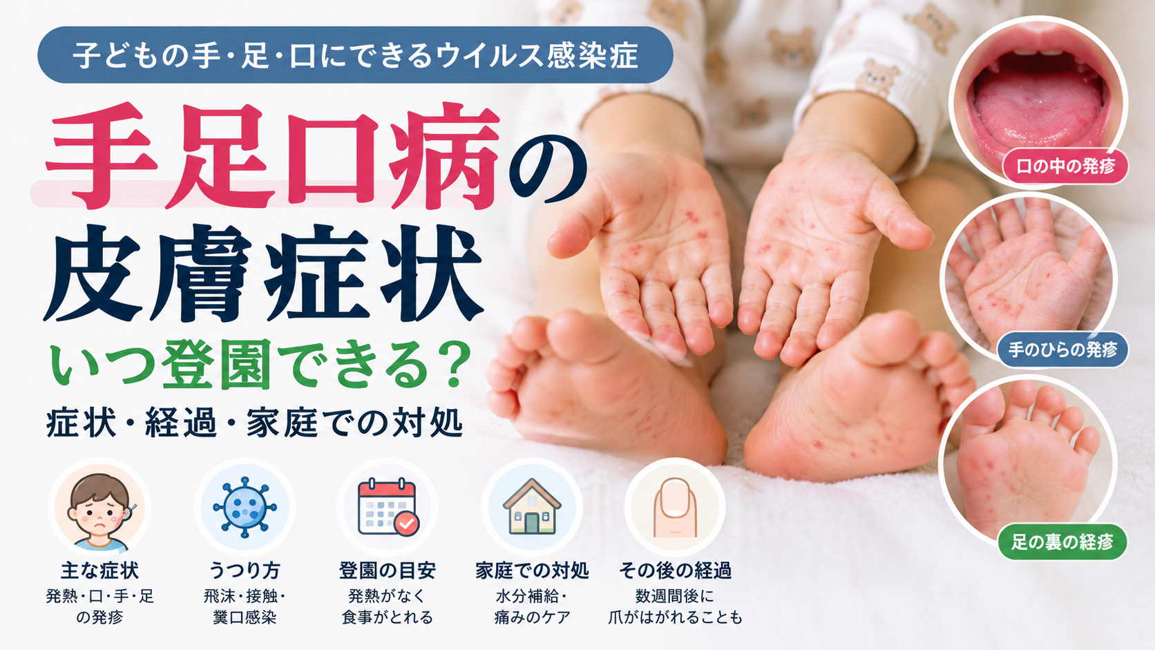 手足口病の手のひら・足の裏・口の中の発疹と登園の目安を解説するアイキャッチ画像