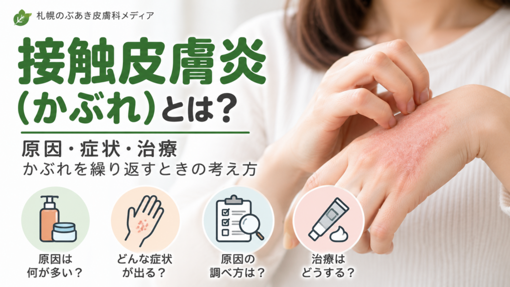 接触皮膚炎（かぶれ）の原因・症状・治療を解説するアイキャッチ